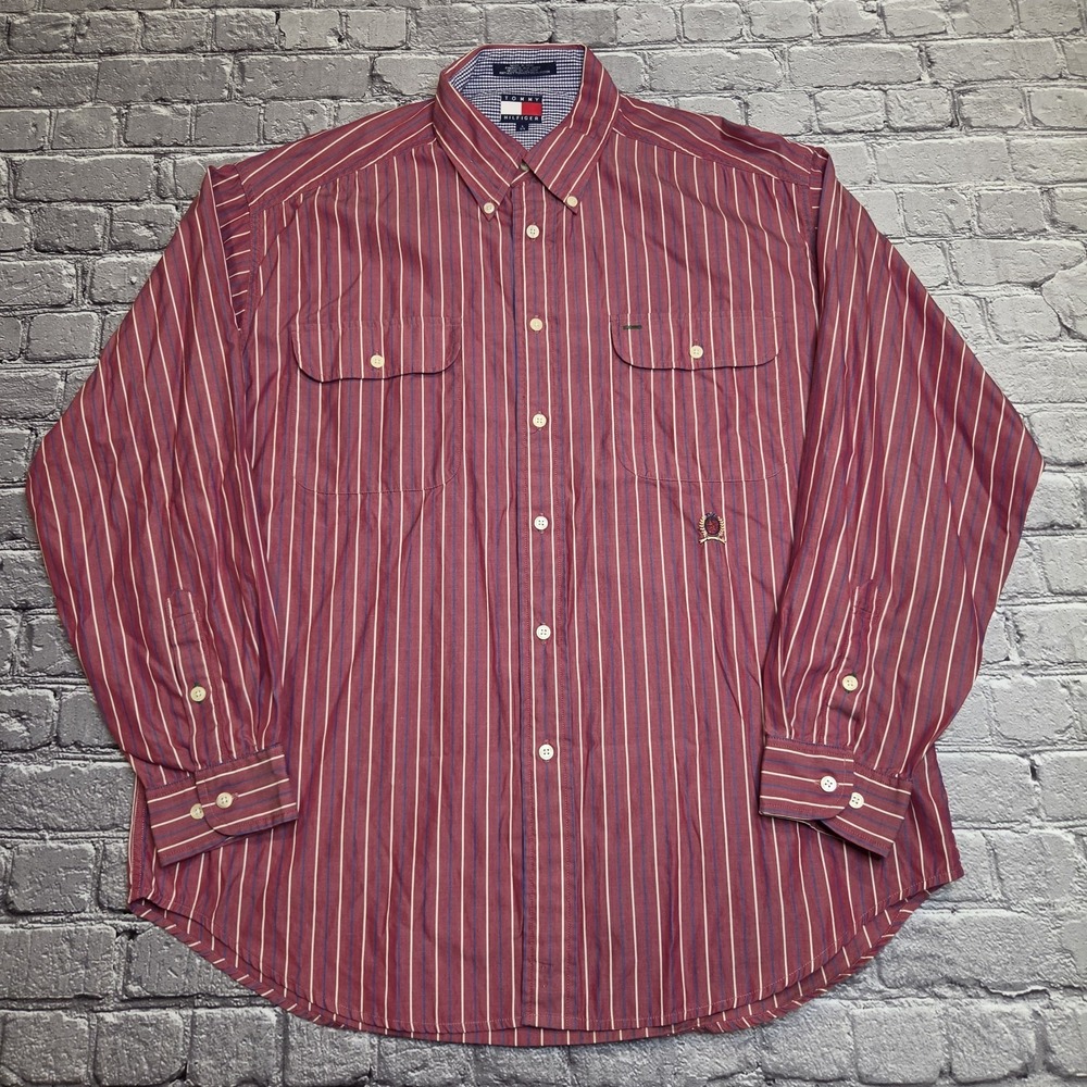 Tommy Hilfiger Mens Long Sleeve Button Down Shirt Large Striped Crest Logo